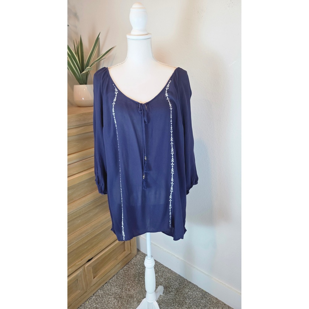 Torid Embroidered Peasant Tunic Relaxed Navy Boho Festival‎ Tassel Top 1